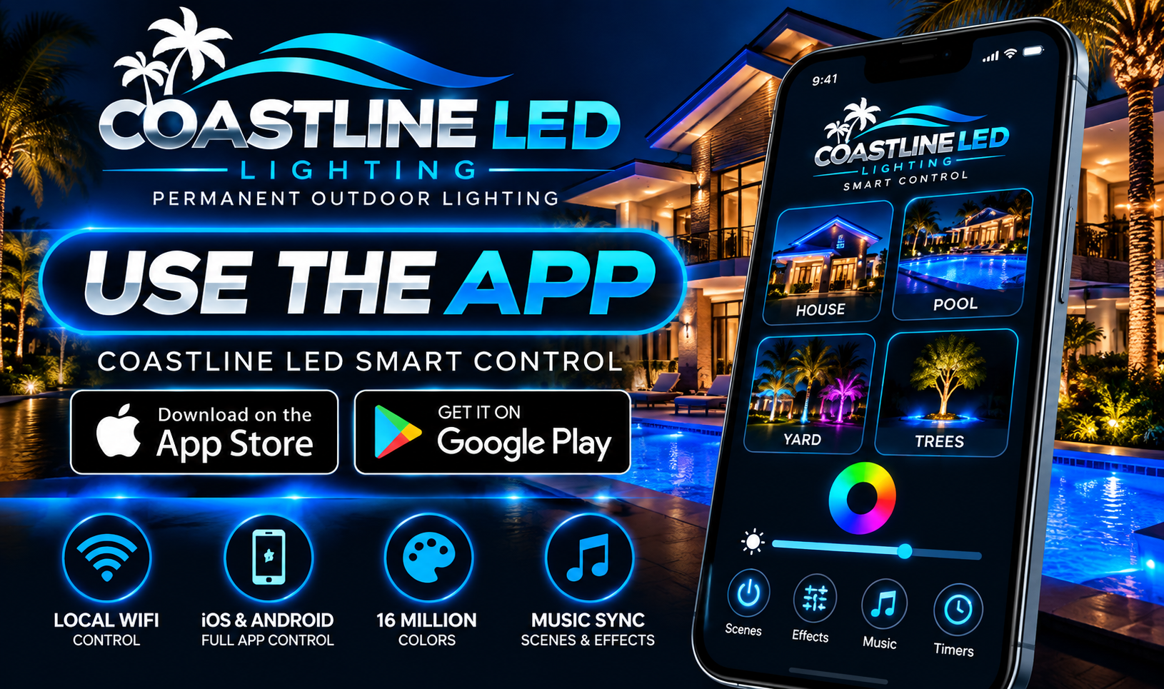 Coastline LED Smart Control app preview with house, pool, yard and trees lighting controls, and promotional App Store and Google Play artwork